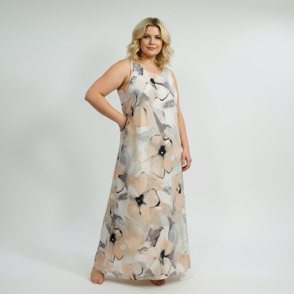 Floral‎ Sleeveless Maxi Dress Cream Made in Canada Oversize Small